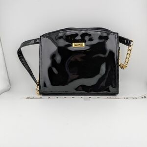 Black Patent Crossbody Bag with Gold Chain Detail